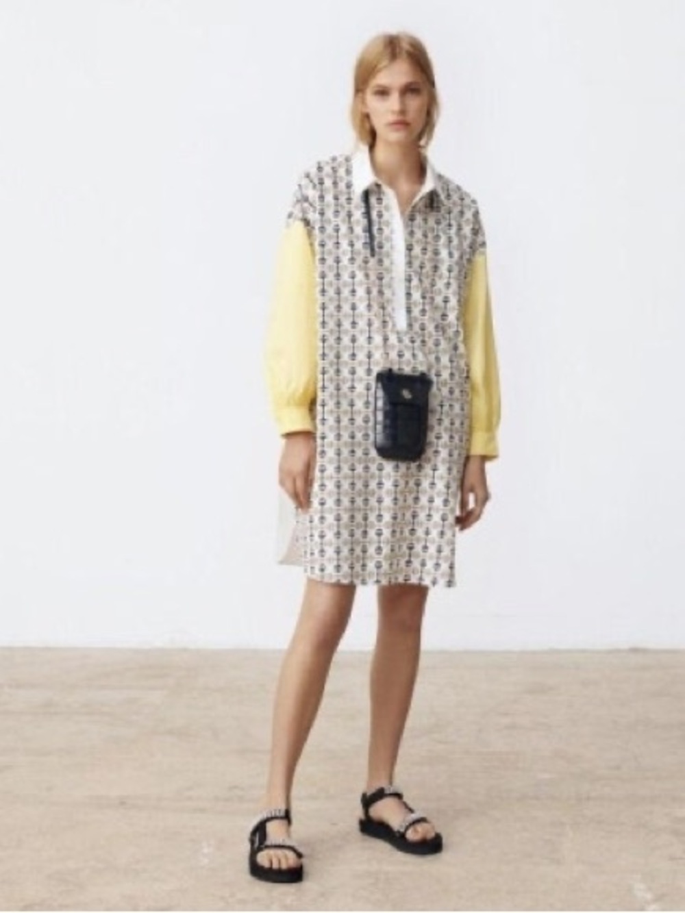 Maje Rocsi Printed Shirt Dress Patterned Tunic‎ Dress with Yellow Sleeves